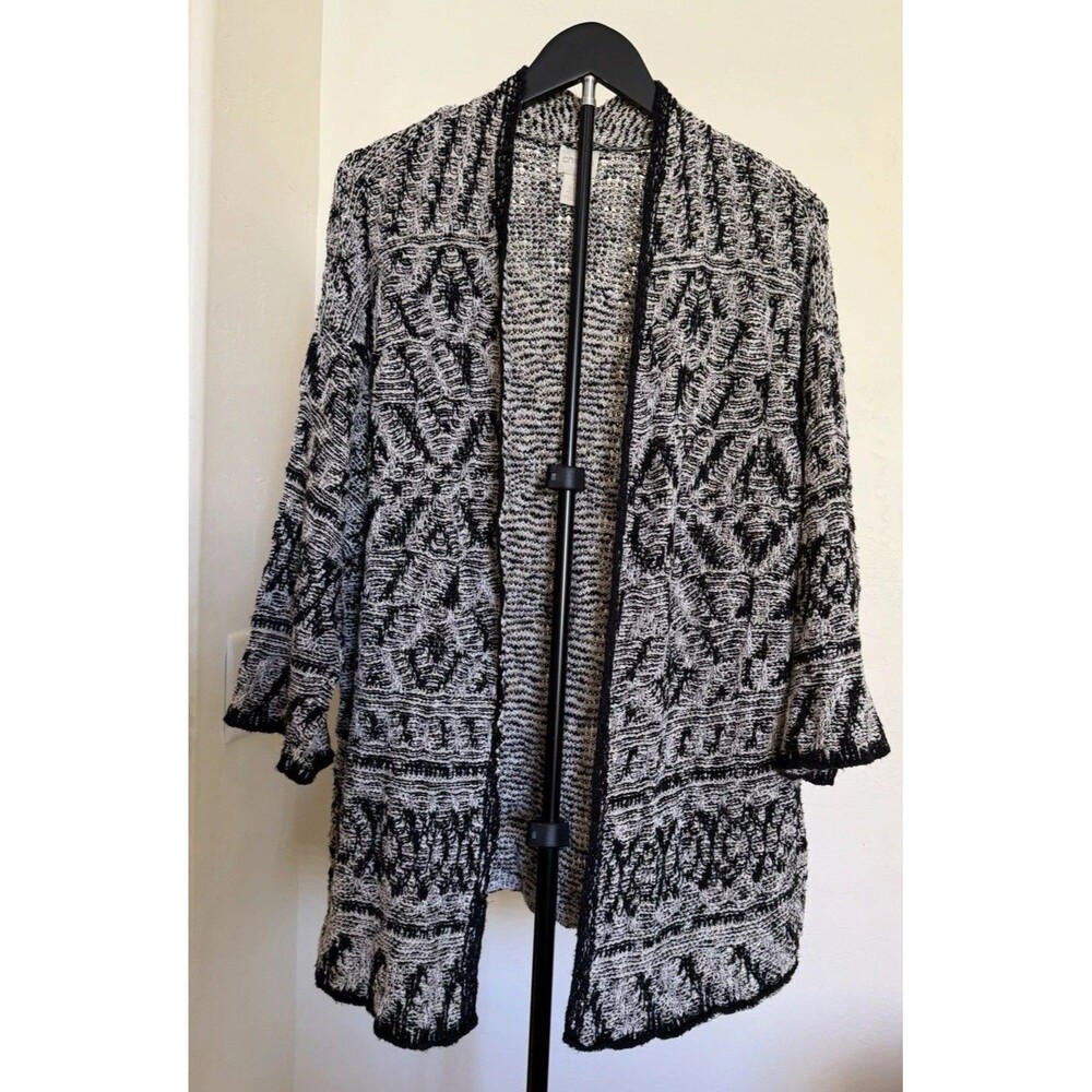 Chico's Women's L Black White Aztec Knit Open Front Cardigan Southwestern Boho